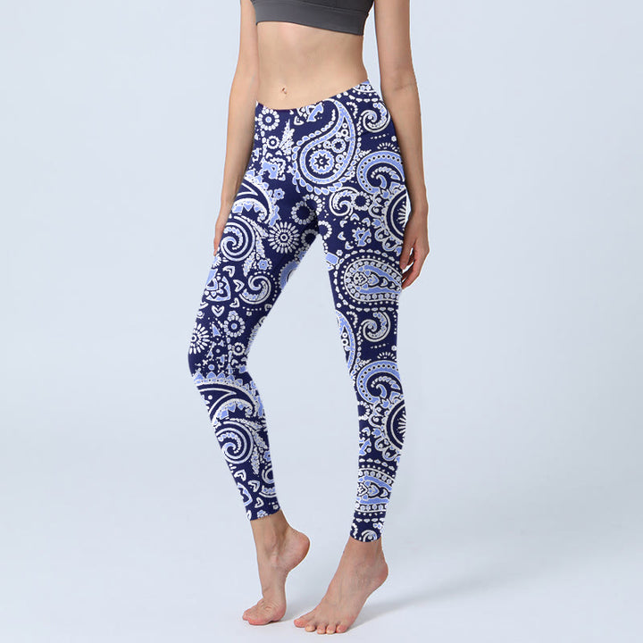 Buddha Stones Purple Blue Cashew Flower Print Gym Leggings Women's Yoga Pants - MediumSlateBlue - US18,UK/AU22,EU50 (4XL) - image 0