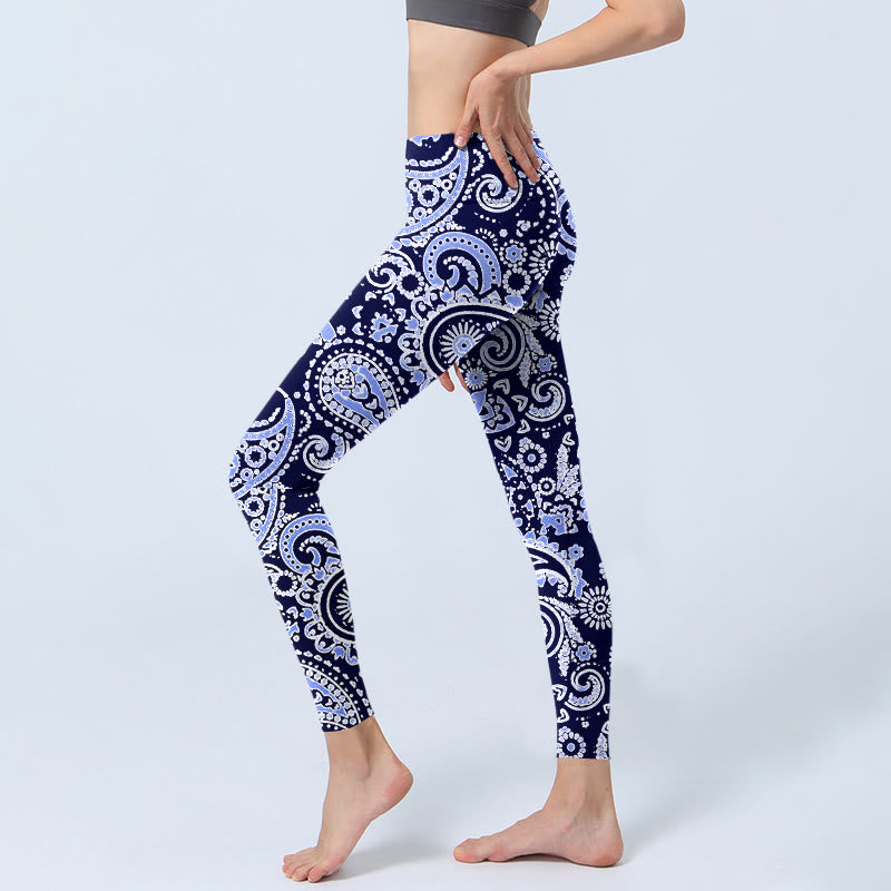 Buddha Stones Purple Blue Cashew Flower Print Gym Leggings Women's Yoga Pants - image 2