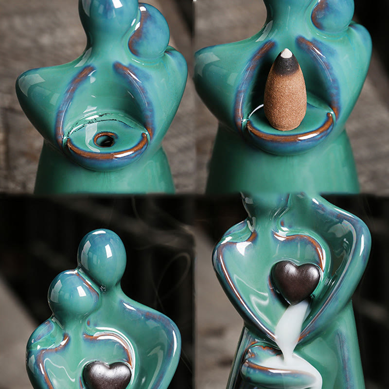 Buddha Stones Lovers Couple Embrace Love Ceramic Backflow Smoke Fountain Healing Incense Burner Decoration - image 6