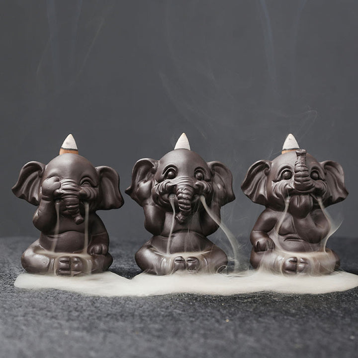 Buddha Stones Cute Elephant Purple Clay Backflow Smoke Fountain Peace Healing Incense Burner Decoration - 3Pcs Elephant Set - image 0