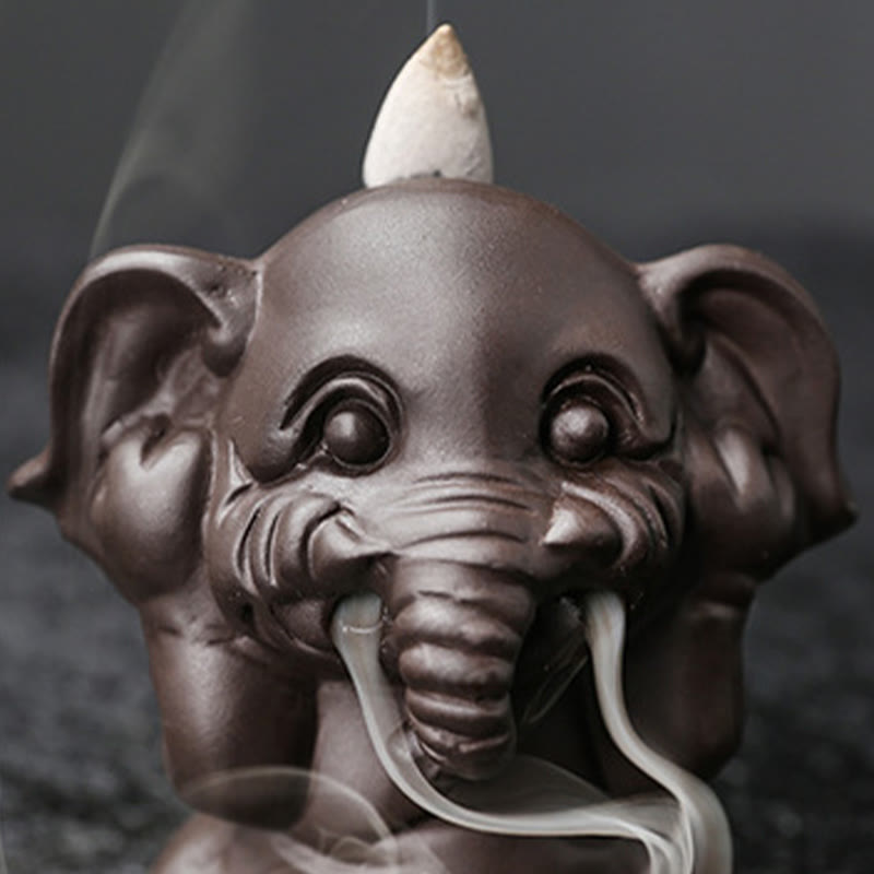 Buddha Stones Cute Elephant Purple Clay Backflow Smoke Fountain Peace Healing Incense Burner Decoration - image 21