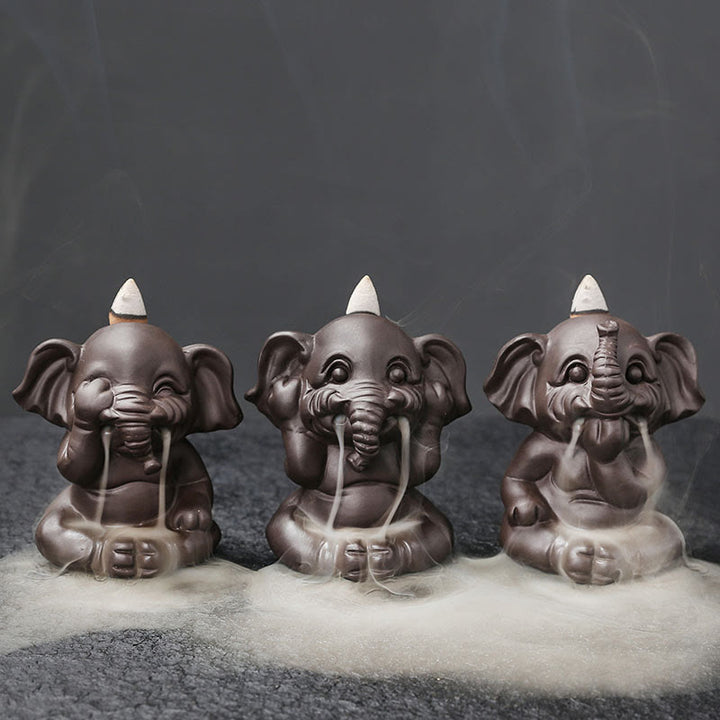 Buddha Stones Cute Elephant Purple Clay Backflow Smoke Fountain Peace Healing Incense Burner Decoration - image 2