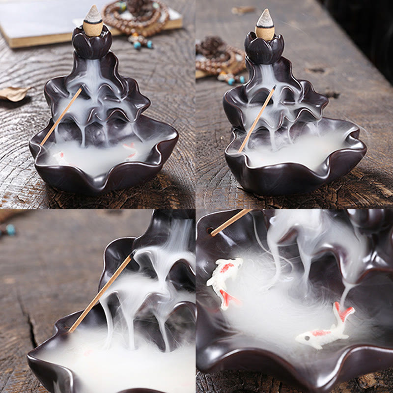 Buddha Stones Lotus Leaf Koi Fish Ceramic Backflow Smoke Fountain Peace Incense Burner Decoration - image 14
