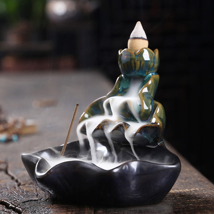 Buddha Stones Lotus Leaf Koi Fish Ceramic Backflow Smoke Fountain Peace Incense Burner Decoration - image 3