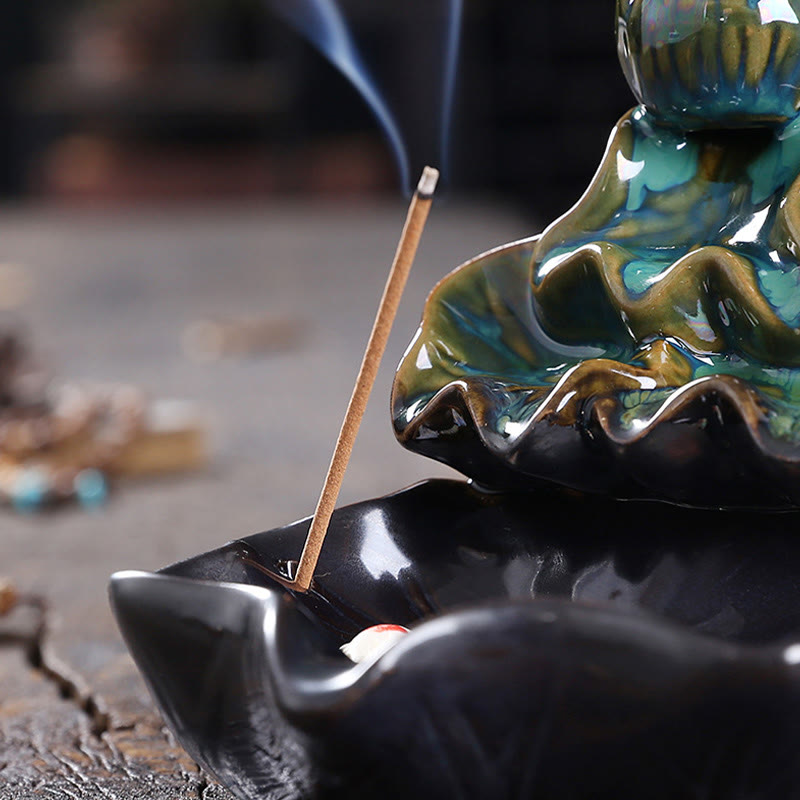 Buddha Stones Lotus Leaf Koi Fish Ceramic Backflow Smoke Fountain Peace Incense Burner Decoration - image 9