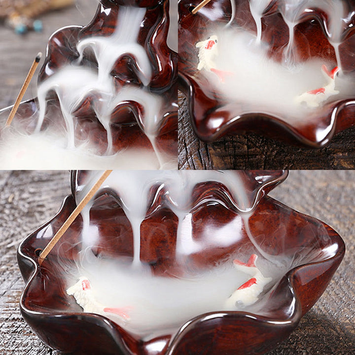 Buddha Stones Lotus Leaf Koi Fish Ceramic Backflow Smoke Fountain Peace Incense Burner Decoration - image 17