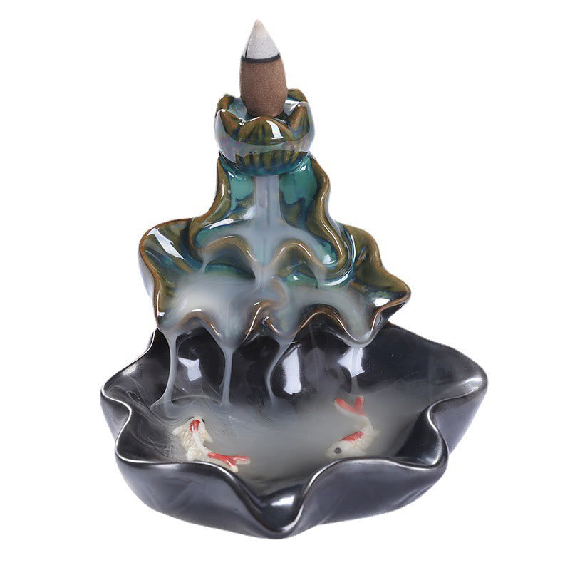 Buddha Stones Lotus Leaf Koi Fish Ceramic Backflow Smoke Fountain Peace Incense Burner Decoration - image 10