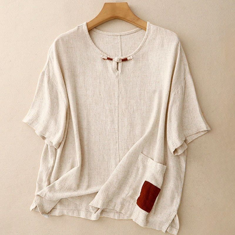 Buddha Stones Colorblock Side Slit  Frog-Button Cotton Linen Half Sleeve Women's Shirt With Pockets - AntiqueWhite - US14,UK/AU18,EU46 (2XL) - image 0