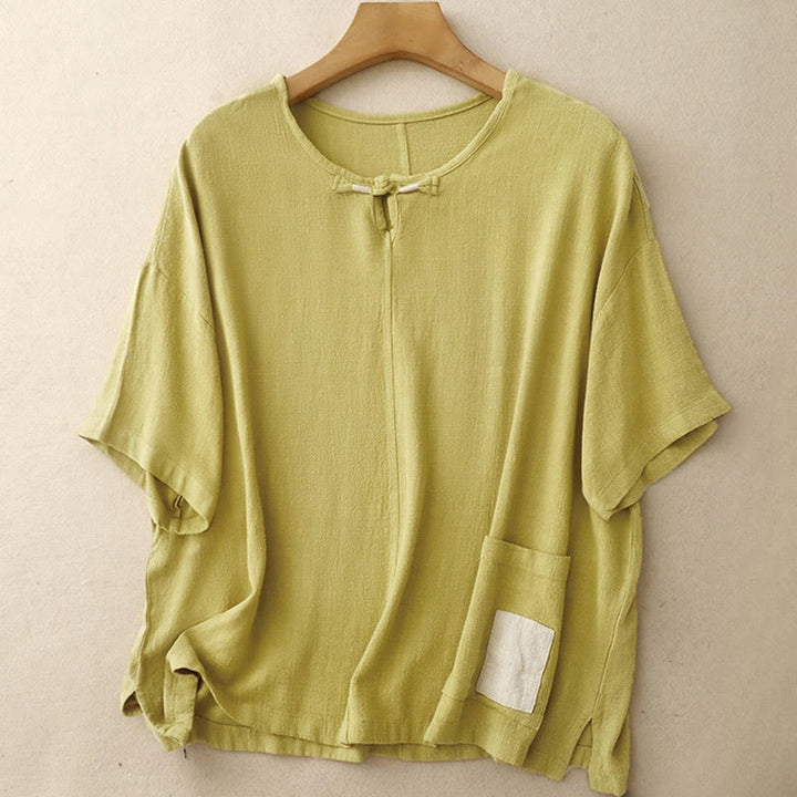 Buddha Stones Colorblock Side Slit  Frog-Button Cotton Linen Half Sleeve Women's Shirt With Pockets - Khaki - US14,UK/AU18,EU46 (2XL) - image 9