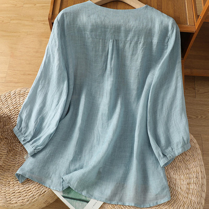 Buddha Stones Casual Embroidery Single Breasted Button Polyester Half Sleeve Women's V-neck Shirt - image 1