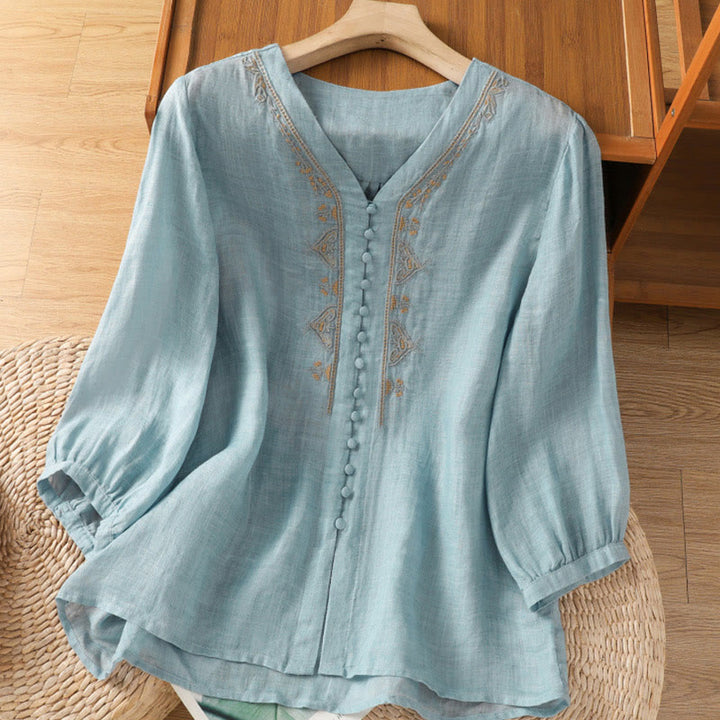 Buddha Stones Casual Embroidery Single Breasted Button Polyester Half Sleeve Women's V-neck Shirt - SkyBlue - US8-10,UK/AU12-14,EU40-42 (2XL) - image 0