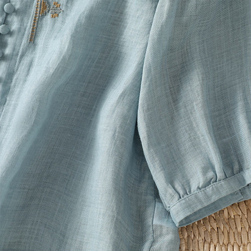 Buddha Stones Casual Embroidery Single Breasted Button Polyester Half Sleeve Women's V-neck Shirt - image 5