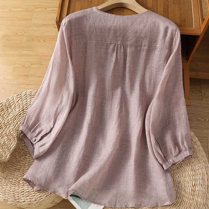Buddha Stones Casual Embroidery Single Breasted Button Polyester Half Sleeve Women's V-neck Shirt - image 11