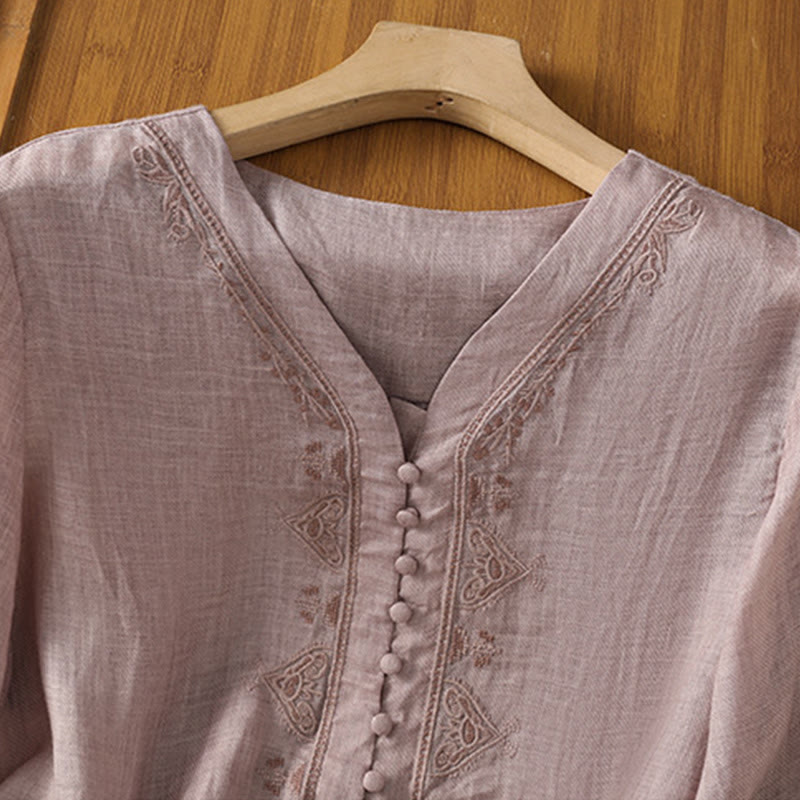 Buddha Stones Casual Embroidery Single Breasted Button Polyester Half Sleeve Women's V-neck Shirt - image 18