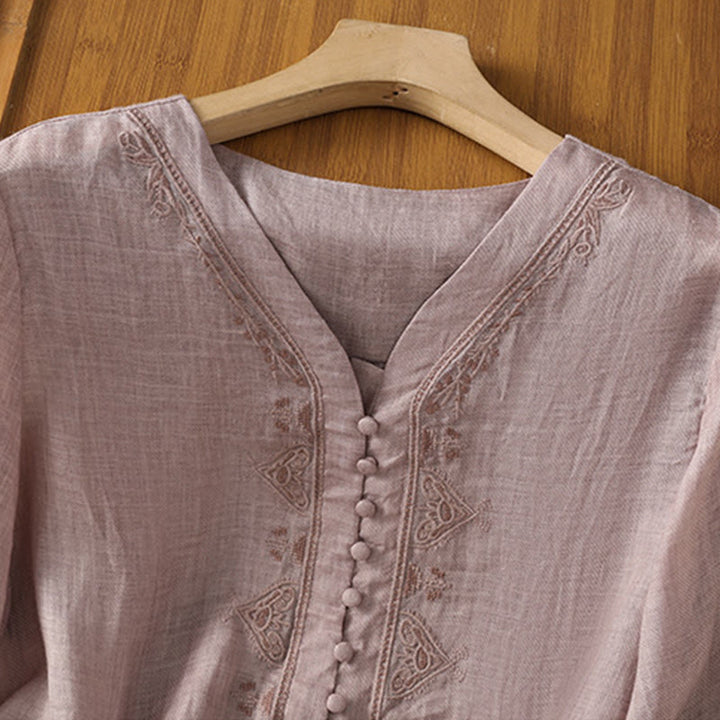 Buddha Stones Casual Embroidery Single Breasted Button Polyester Half Sleeve Women's V-neck Shirt - image 18