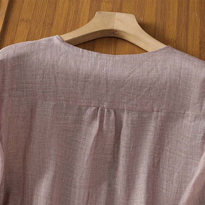 Buddha Stones Casual Embroidery Single Breasted Button Polyester Half Sleeve Women's V-neck Shirt - image 15