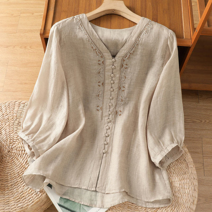 Buddha Stones Casual Embroidery Single Breasted Button Polyester Half Sleeve Women's V-neck Shirt - Beige - US8-10,UK/AU12-14,EU40-42 (2XL) - image 19