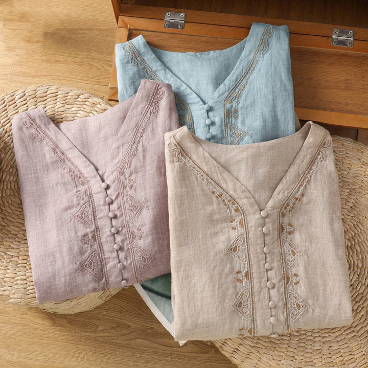 Buddha Stones Casual Embroidery Single Breasted Button Polyester Half Sleeve Women's V-neck Shirt - image 29