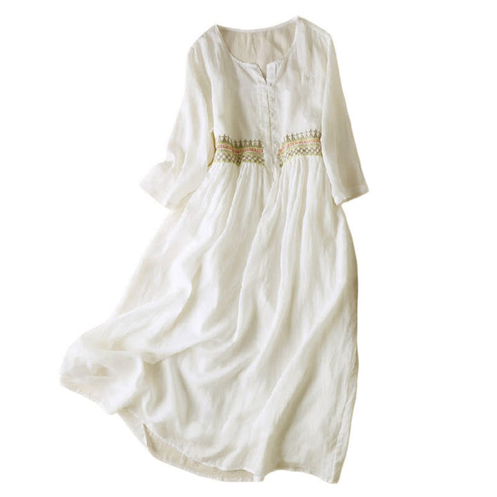 Buddha Stones Embroidery Geometry Nine-Quarter Sleeve Cotton Women's Midi Dress With Pockets - image 6