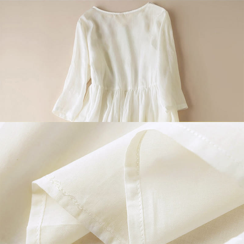 Buddha Stones Embroidery Geometry Nine-Quarter Sleeve Cotton Women's Midi Dress With Pockets - image 5