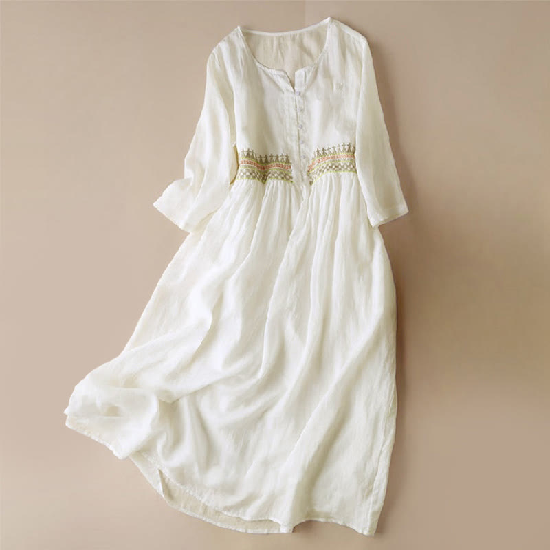 Buddha Stones Embroidery Geometry Nine-Quarter Sleeve Cotton Women's Midi Dress With Pockets - White - US14,UK/AU18,EU46 (4XL) - image 0