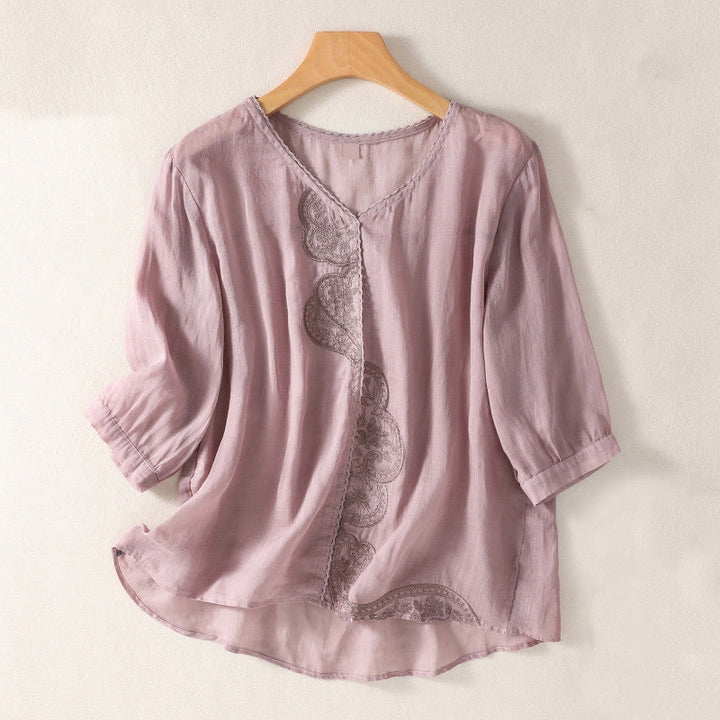 Buddha Stones Casual Embroidered Pattern Women's V-neck Design Half Sleeve Cotton Linen T-shirt - Plum - US14,UK/AU18,EU46 (2XL) - image 0