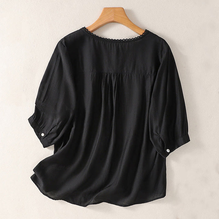 Buddha Stones Casual Embroidered Pattern Women's V-neck Design Half Sleeve Cotton Linen T-shirt - Black - US14,UK/AU18,EU46 (2XL) - image 5