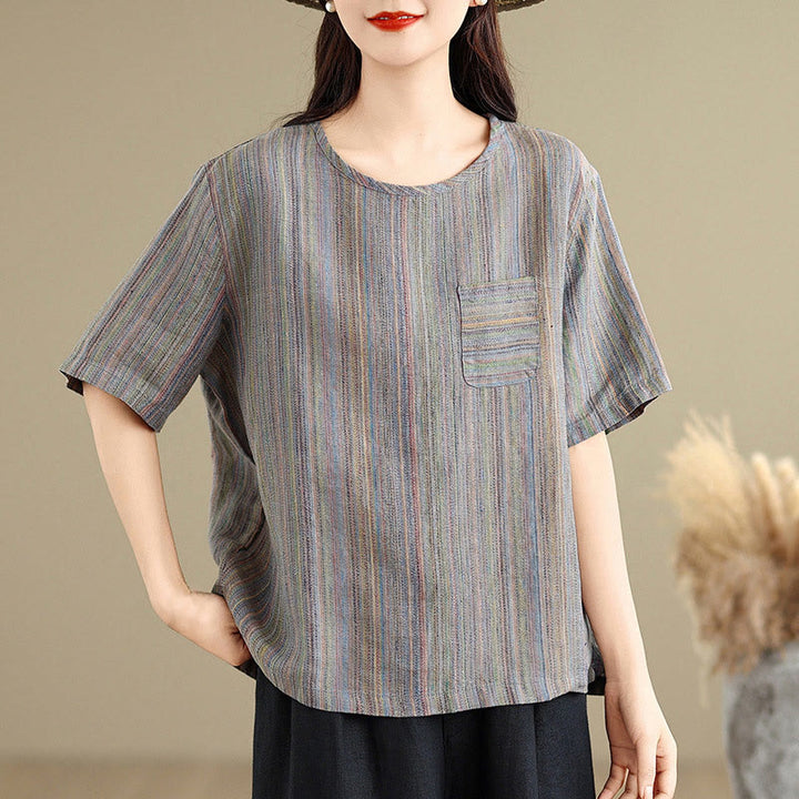 Buddha Stones Casual Retro Striped Women's Half Sleeve Cotton Linen T-shirt - image 11