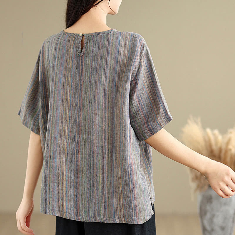 Buddha Stones Casual Retro Striped Women's Half Sleeve Cotton Linen T-shirt - image 13