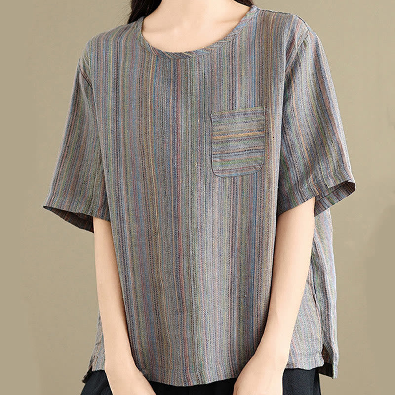 Buddha Stones Casual Retro Striped Women's Half Sleeve Cotton Linen T-shirt - SlateGray - US12,UK/AU16,EU44 (2XL) - image 10