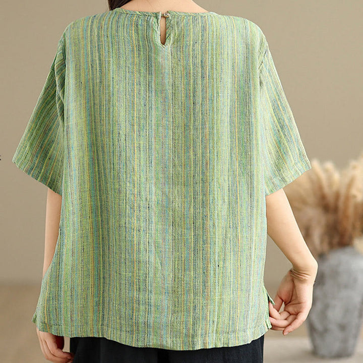 Buddha Stones Casual Retro Striped Women's Half Sleeve Cotton Linen T-shirt - image 20