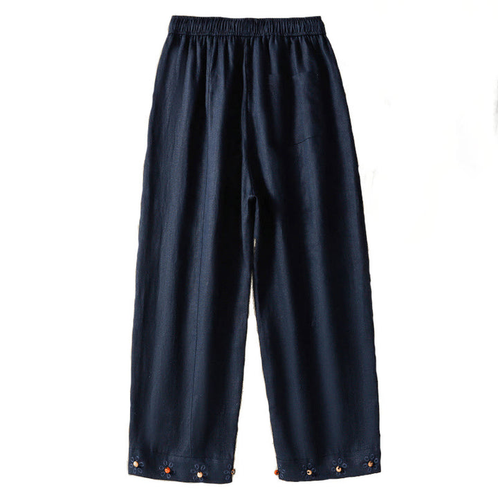 Buddha Stones Casual Embroided Bead Drawstring Women's Wide Leg Cotton Pants With Pockets - image 5