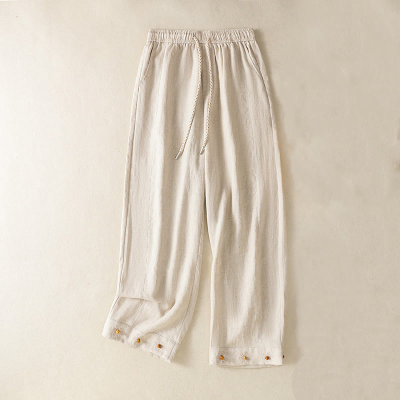 Buddha Stones Casual Embroided Bead Drawstring Women's Wide Leg Cotton Pants With Pockets - image 13