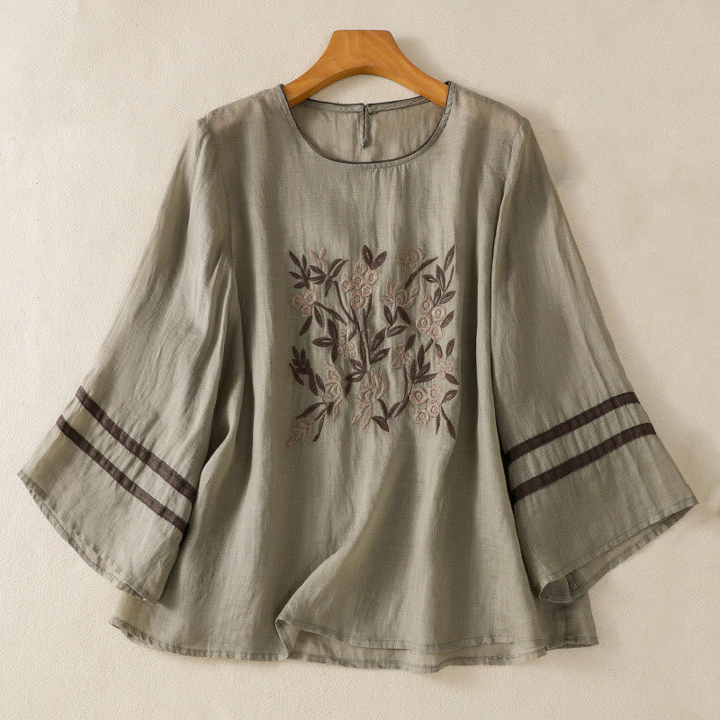 Buddha Stones Retro Embroidery Floral Three Quarter Sleeve Women's Cotton T-Shirt - DarkSeaGreen - US14,UK/AU18,EU46 (2XL) - image 8