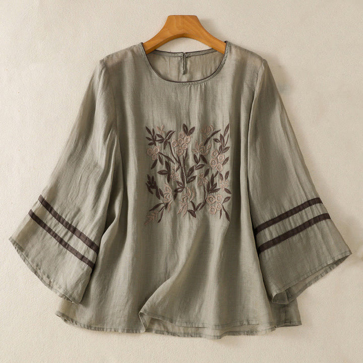 Buddha Stones Retro Embroidery Floral Three Quarter Sleeve Women's Cotton T-Shirt - DarkSeaGreen - US14,UK/AU18,EU46 (2XL) - image 8