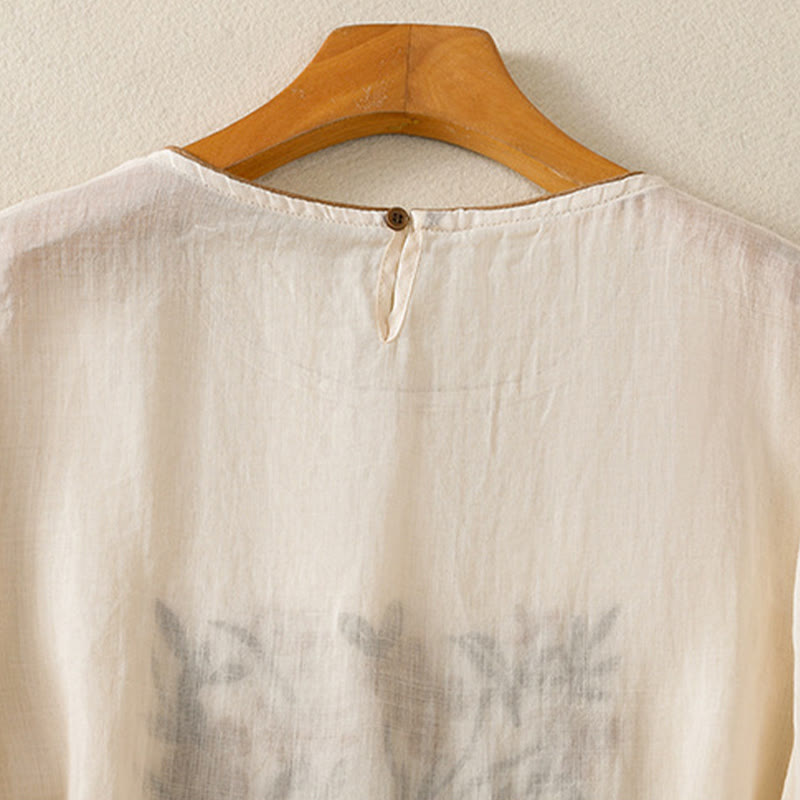 Buddha Stones Retro Embroidery Floral Three Quarter Sleeve Women's Cotton T-Shirt - image 4