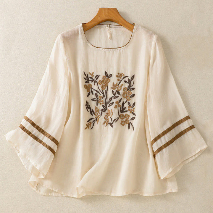 Buddha Stones Retro Embroidery Floral Three Quarter Sleeve Women's Cotton T-Shirt - Beige - US14,UK/AU18,EU46 (2XL) - image 0