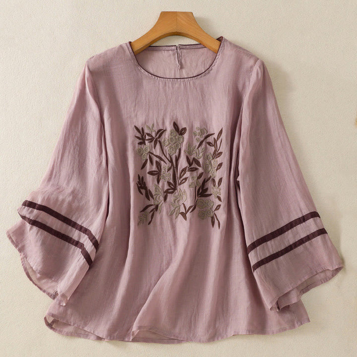 Buddha Stones Retro Embroidery Floral Three Quarter Sleeve Women's Cotton T-Shirt - RosyBrown - US14,UK/AU18,EU46 (2XL) - image 23