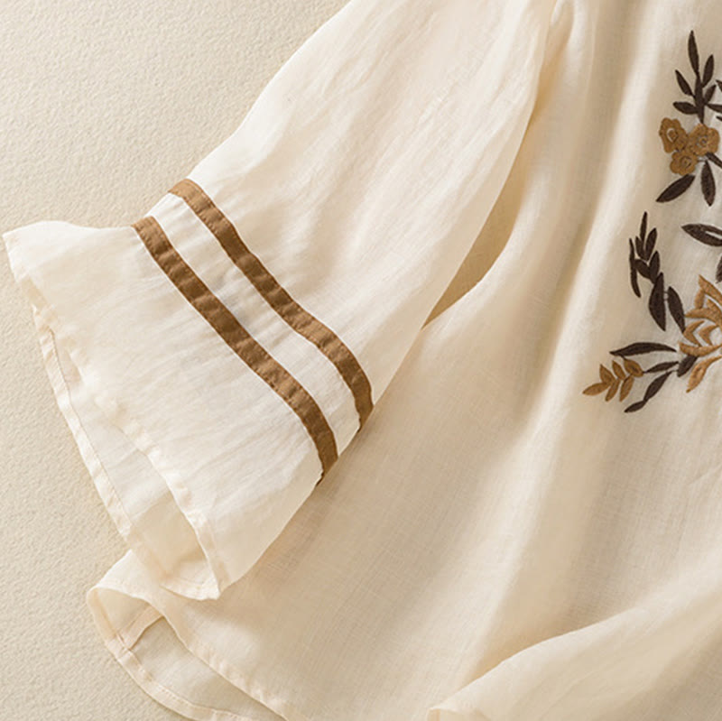 Buddha Stones Retro Embroidery Floral Three Quarter Sleeve Women's Cotton T-Shirt - image 6