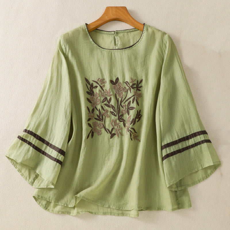 Buddha Stones Retro Embroidery Floral Three Quarter Sleeve Women's Cotton T-Shirt - LightGreen - US14,UK/AU18,EU46 (2XL) - image 16