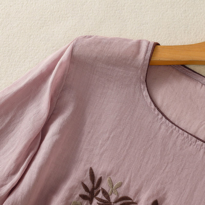 Buddha Stones Retro Embroidery Floral Three Quarter Sleeve Women's Cotton T-Shirt - image 26