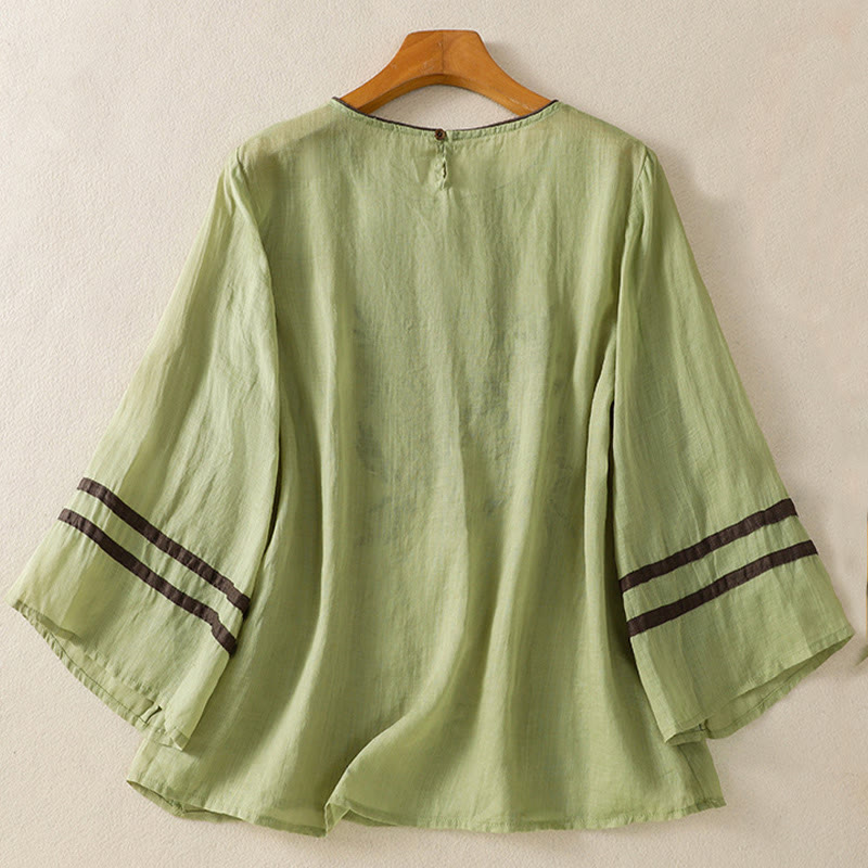 Buddha Stones Retro Embroidery Floral Three Quarter Sleeve Women's Cotton T-Shirt - image 17