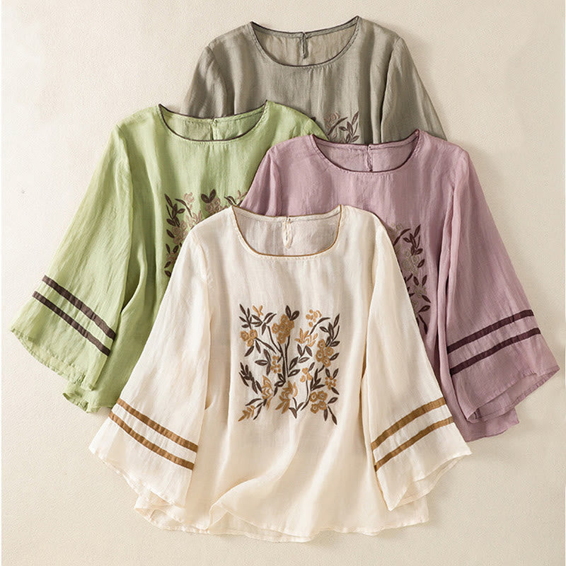 Buddha Stones Retro Embroidery Floral Three Quarter Sleeve Women's Cotton T-Shirt - image 31