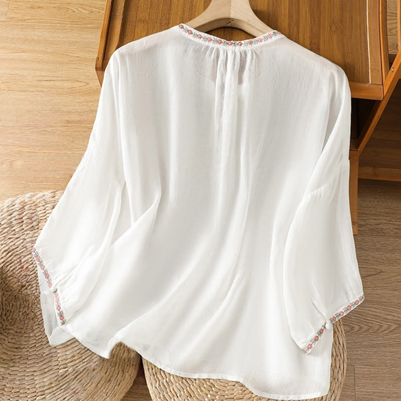 Buddha Stones Embroidery Button Three Quarter Sleeve Notched Neck Women's Cotton Shirt - image 16