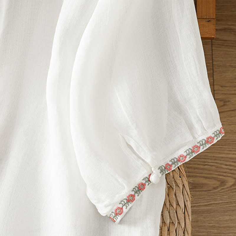 Buddha Stones Embroidery Button Three Quarter Sleeve Notched Neck Women's Cotton Shirt - image 21