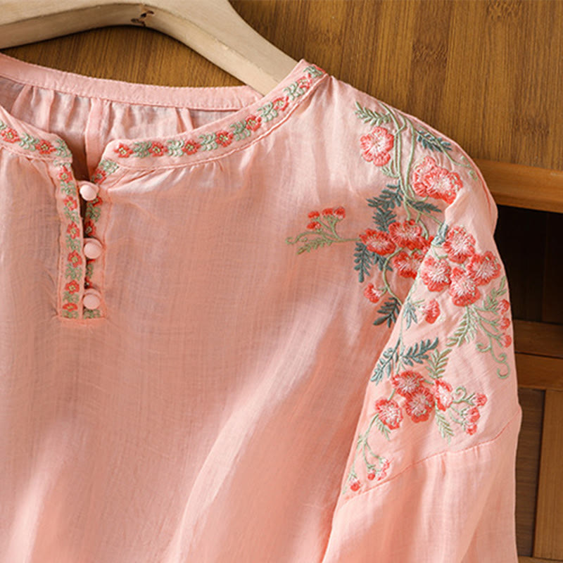 Buddha Stones Embroidery Button Three Quarter Sleeve Notched Neck Women's Cotton Shirt - image 10