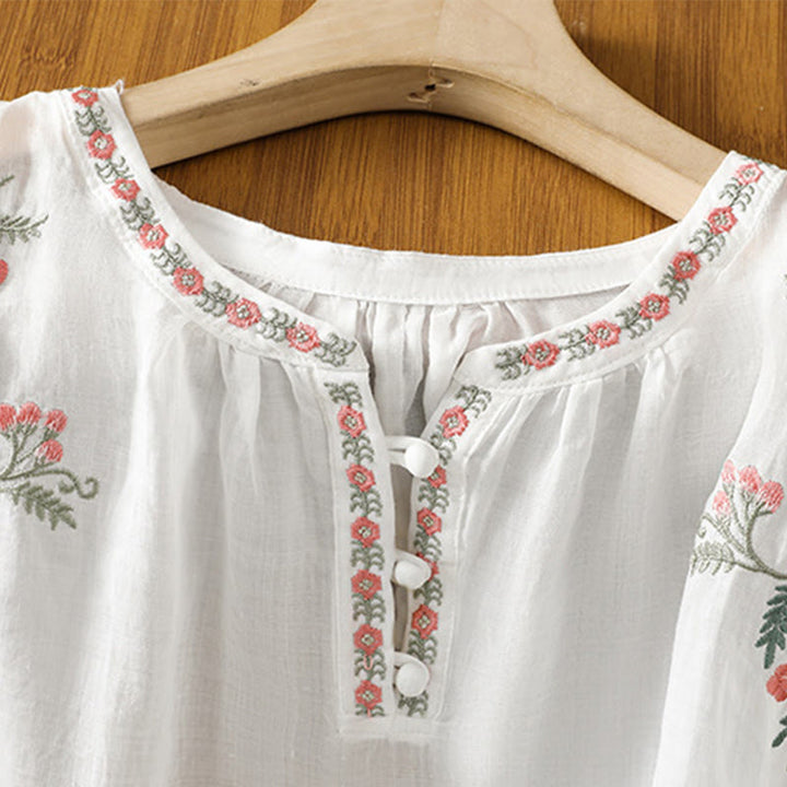 Buddha Stones Embroidery Button Three Quarter Sleeve Notched Neck Women's Cotton Shirt - image 18