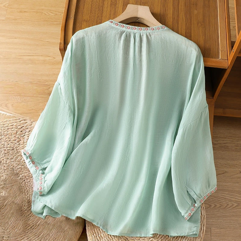 Buddha Stones Embroidery Button Three Quarter Sleeve Notched Neck Women's Cotton Shirt - image 25