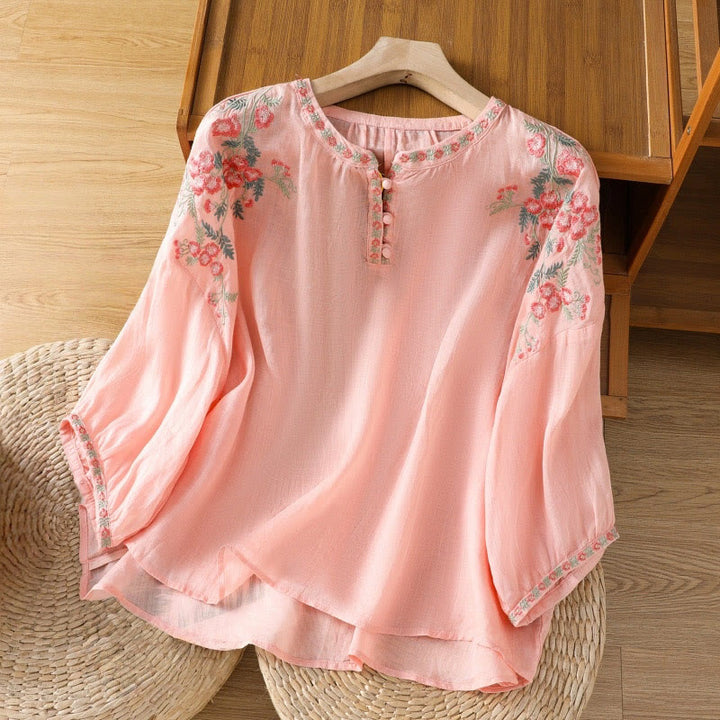 Buddha Stones Embroidery Button Three Quarter Sleeve Notched Neck Women's Cotton Shirt - LightSalmon - US12,UK/AU16,EU44 (2XL) - image 7