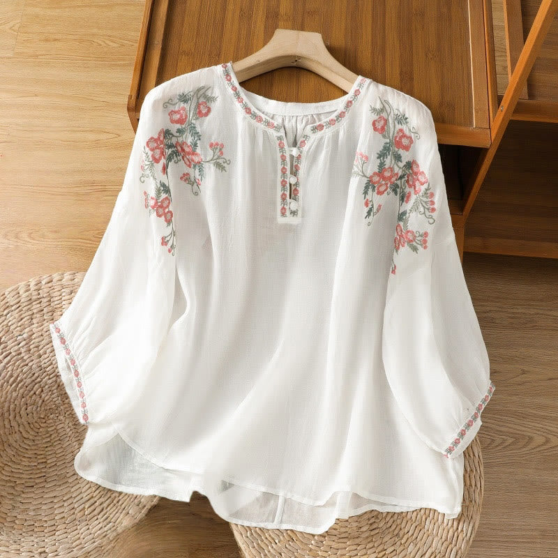 Buddha Stones Embroidery Button Three Quarter Sleeve Notched Neck Women's Cotton Shirt - White - US12,UK/AU16,EU44 (2XL) - image 15
